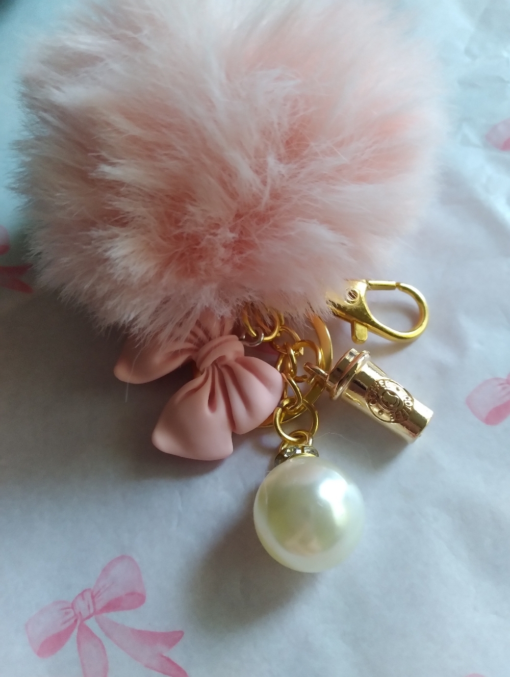 Coquette Pink Bow Handmade Keychain with Coffee Cup & Pearl Charm